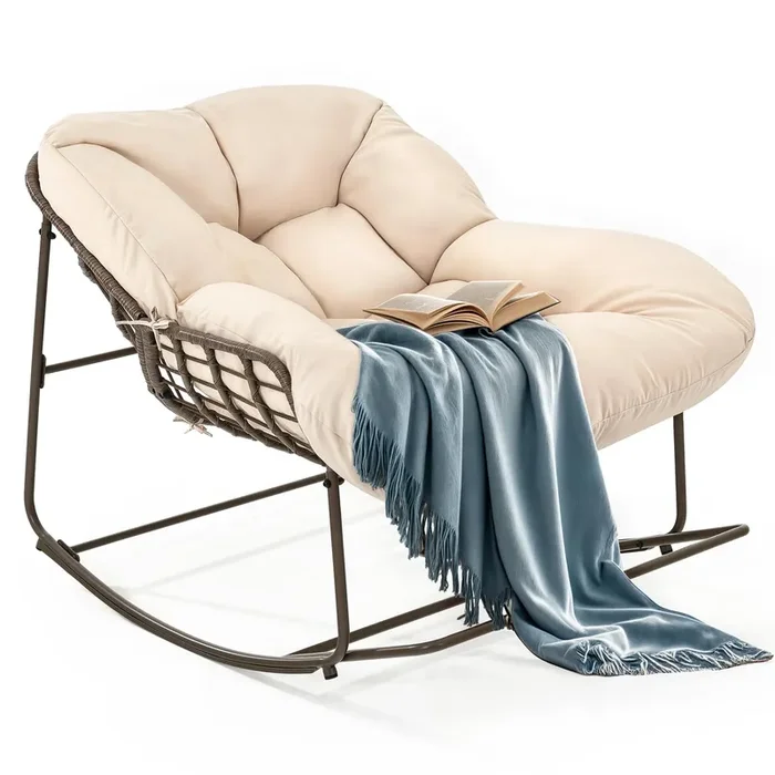 YITAHOME Rocking Papasan Chair, Outdoor Oversized Saucer Chair with Foldable Frame & Comfy Cushion, Wicker Basket Moon Chair for Patio, Porch, Bedroom (Brown+Beige)