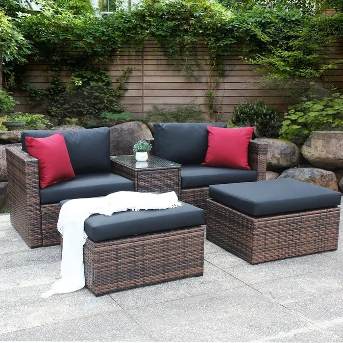 YOPTO 5 Pieces Outdoor Wicker Sectional Sofa Set with 2 Ottoman & Coffee Table,Patio Conversation Set Sectional Couch W/Cushions,Pillows & Protection Cover,Patio Sofa Bed for Porch,Garden,Lawns,Brown
