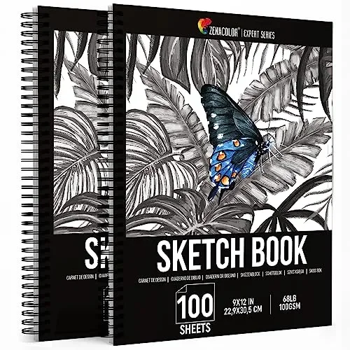 ZENACOLOR – Professional 200 Sheets Sketch Book 9″x12″ with Spiral Bound and Hardback Cover – Pack of 2 – White Acid-Free Drawing Paper (100 g)